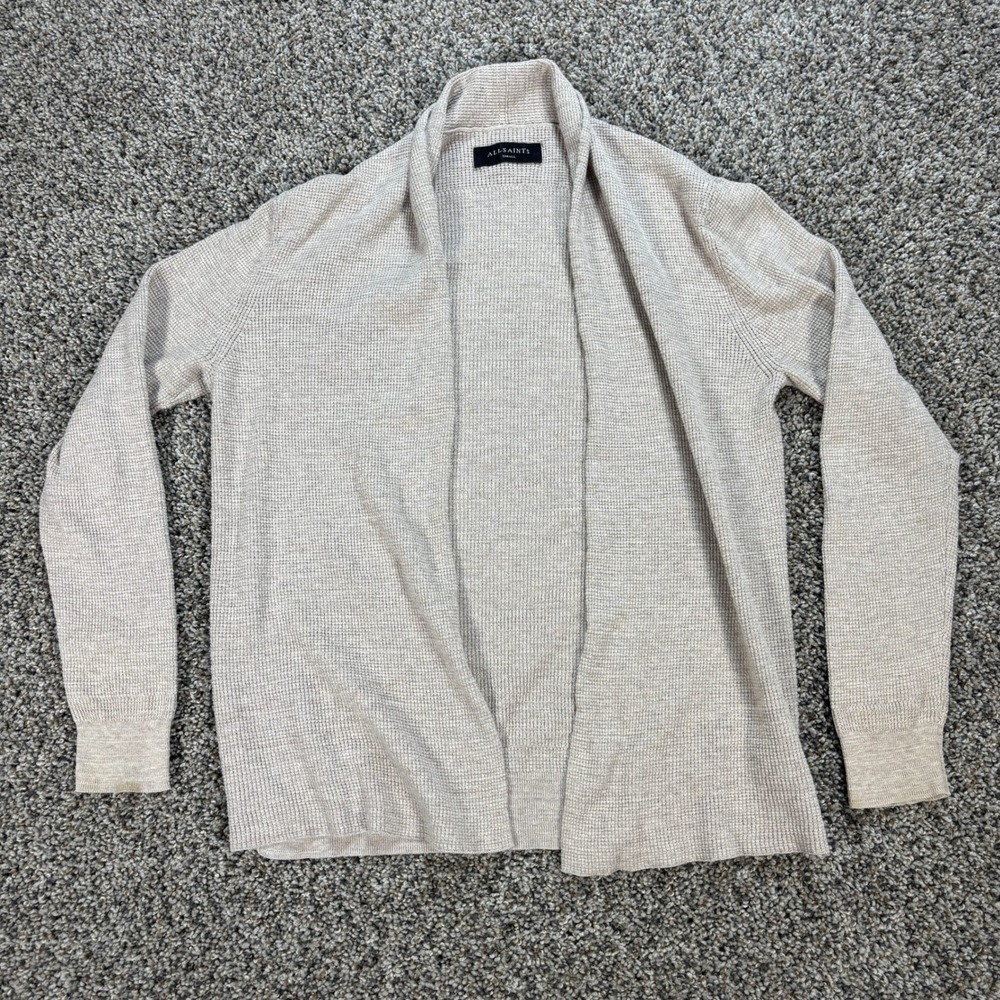 All Saints Tylinn Cardigan Mens Small Beige Waffle Knit Cotton Open Front MK007N